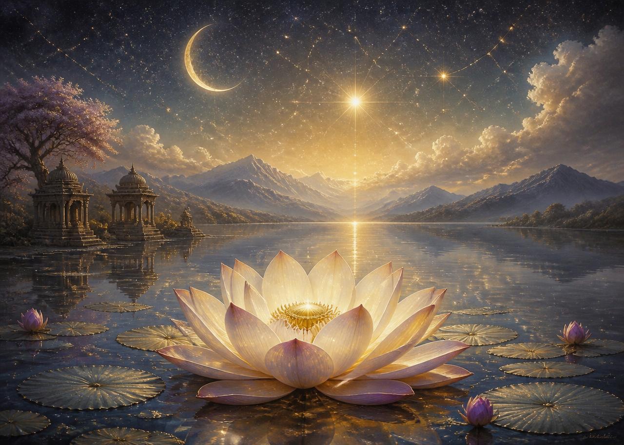 Luminous lotus resting on still water beneath a starlit sky