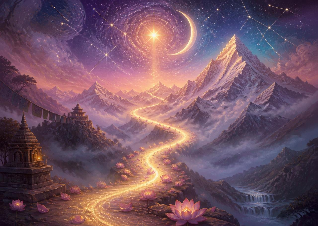 Luminous golden path winding through mystical mountains toward a starlit sky