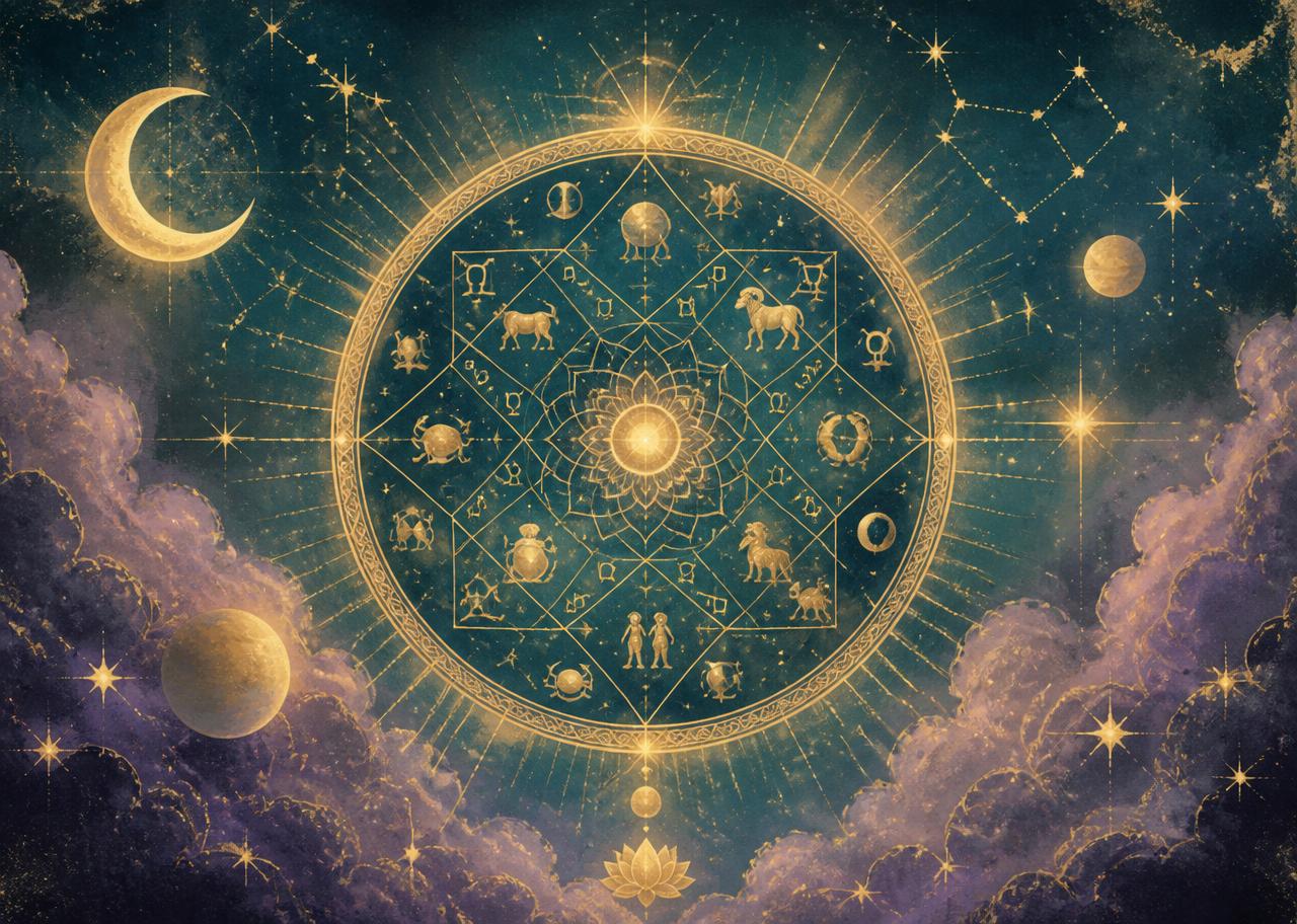 Golden Vedic astrological mandala floating in a cosmic sky