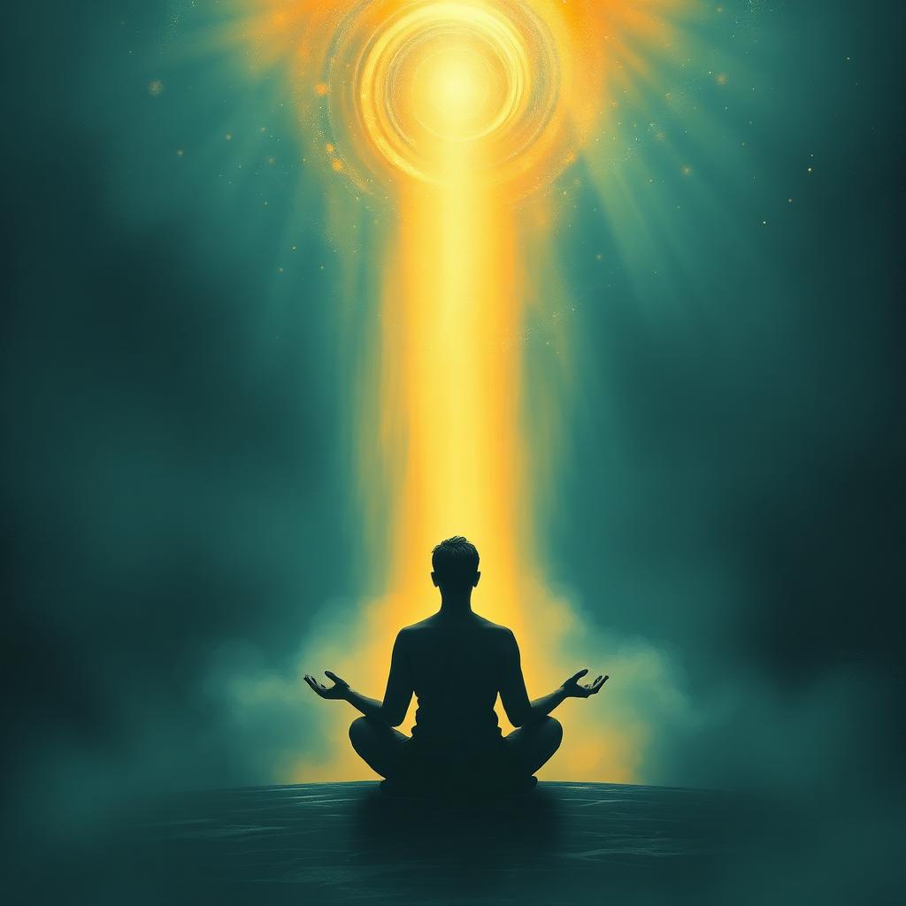 A meditating figure beneath a beam of golden cosmic light