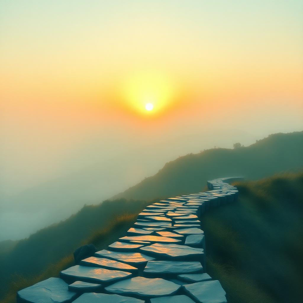 A stone path meeting a golden sunrise over the Himalayan mist