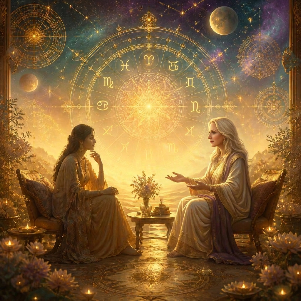 Two figures in quiet consultation by candlelight