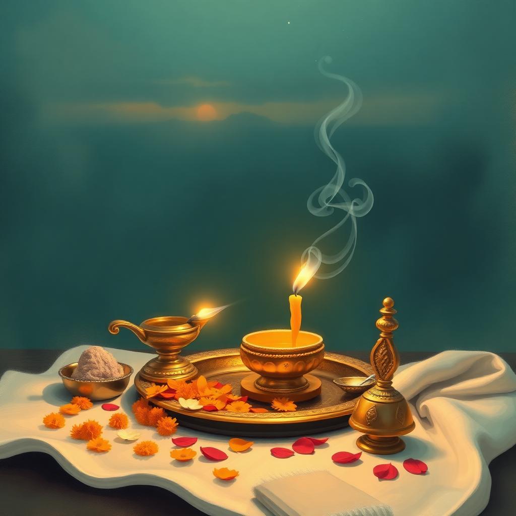 A Vedic altar offering with lamp, marigolds, and incense smoke