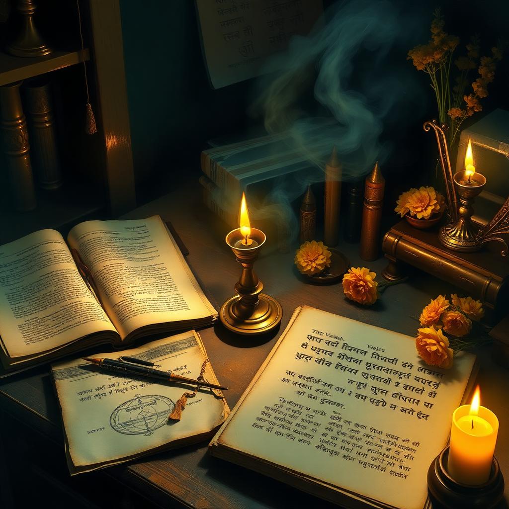 A candlelit desk of Sanskrit manuscripts, brass astrolabe, and marigolds